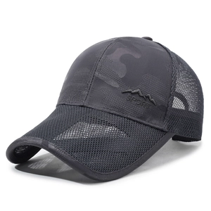 Dark grey camouflage mesh baseball cap with breathable sport design and embroidered peak
