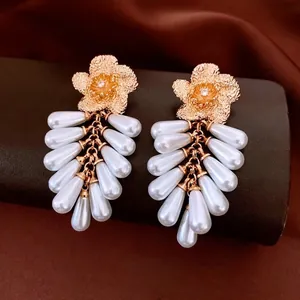Vintage Flower Tassel Earrings Alloy Zirconia Imitation Artificial Pearl With 925 Sterling Silver Earring Post Elegant Women