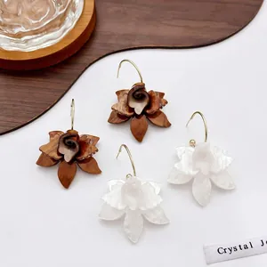 Resin Flower Petal Drop Earrings With Stainless Steel Hook Elegant Vintage Marble Texture Floral Jewelry For Women