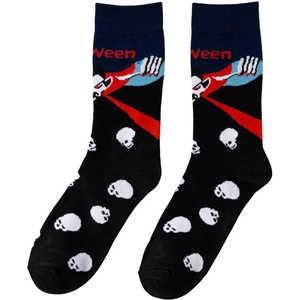 Detail of navy cotton socks featuring Halloween vampire and skull knitted patterns