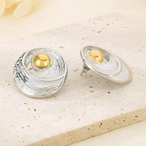 Close-up of geometric 18k gold plated stainless steel disc earrings on stone