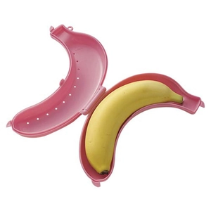 Pink banana protection storage case in food-grade plastic shown with a banana inside