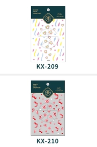 Detail view of TENSOR 5D heart nail stickers KX-209 and KX-210 with macaron color patterns