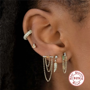 S925 Sterling Silver Gold Earrings Set with Tassel Chains and Colorful Zircon Crystals