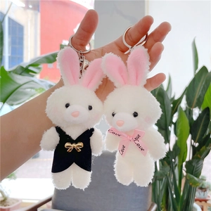 Cute white plush bunny keychains with black velvet outfit and pink silk Love ribbon detail