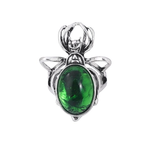 Vintage gothic spider ring in silver finish with emerald green gemstone for punk style