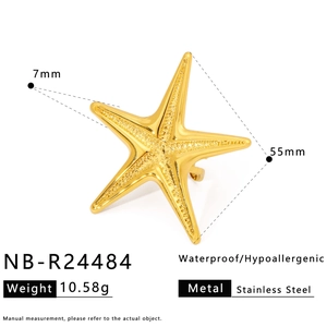 Detail of golden starfish ring with 55mm length, stainless steel material and 10.58g weight