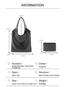 Sparkling diamond-studded tote bag with size specifications for large and small versions