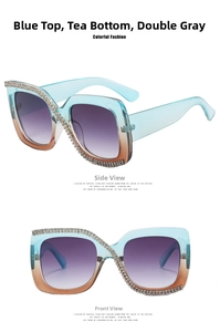Macro detail of square sunglasses with blue gradient lenses and rhinestone-encrusted frame