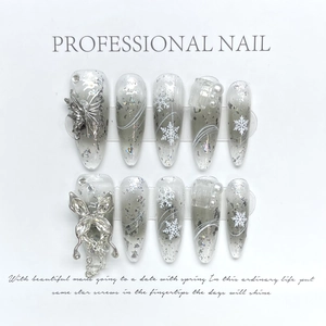 Handgemaakte Mercury Butterfly Kunstnagels Y2K Glitter Strass Sneeuwvlok 3D Vlinder Grijs Wit Verloop Fake Nails voor Vrouwen