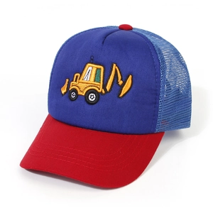 Detail of excavator embroidery on kids mesh baseball cap with red and blue contrast design