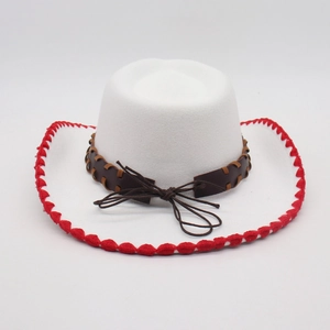Detail of white western cowboy hat with red stitched brim and brown leather band