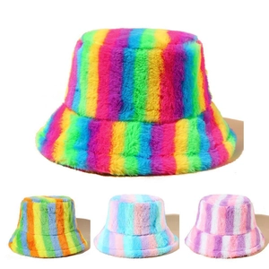 Colorful rainbow fuzzy bucket hat for women in multiple vibrant striped plush patterns