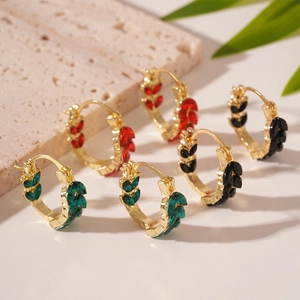Vintage wheat-shaped U-hoop earrings with sparkling red, green and black leaf rhinestones