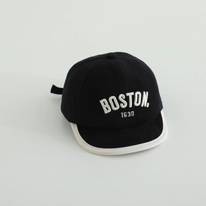Detail of Boston 1630 embroidery on black and white baby baseball cap with soft brim