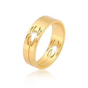 Golden hollow spider pattern ring made of stainless steel displayed at 45-degree angle