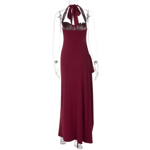 Back view of burgundy halter evening dress featuring an open back and hidden zipper closure