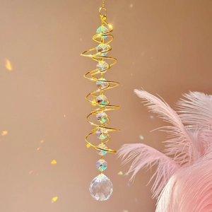 Golden spiral wind spinner with faceted crystal ball and rainbow maker prism decoration