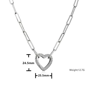 Silver micro-pave zircon heart pendant necklace with modern paperclip style link chain