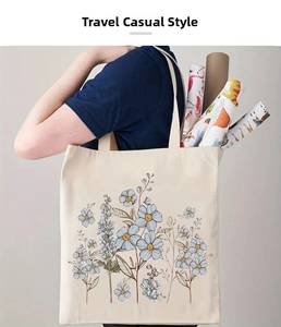 Detail of canvas tote bag with floral print showing large capacity for carrying art scrolls