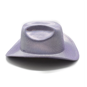 Macro detail of silver-purple holographic cowboy hat with fine glitter texture and wide brim