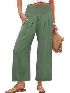 Pantalon large taille haute vert sauge pour femme avec une texture légère en coton lin
