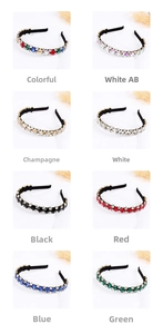 Detailed grid display of rhinestone headbands in eight vibrant colors for women