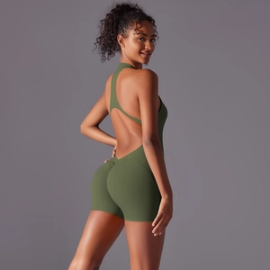 Detail of olive green backless yoga romper with ruched bum and high stretch fabric