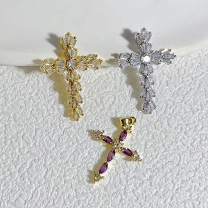 Cross Pendant Brass Gold Silver Plated Zirconia DIY Jewelry Making Accessories Religious Shiny For Women