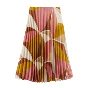 Jupe plissée pour femmes avec motifs géométriques colorés en tons rose et jaune