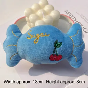Blue candy plush pet toy with Sugar embroidery and cherry details, 13cm x 8cm size