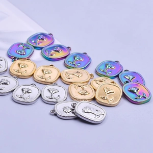 Vintage rose embossed square pendants in gold, silver and colorful stainless steel