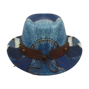 Retro blue denim cowboy hat for kids with brown leather strap and metal studs accents