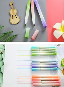 Detail showing gradient highlighters with soft tips and colorful writing strokes on paper
