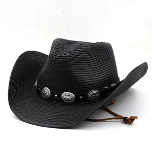 Black straw western cowboy hat with leather band and silver conchos from a 45-degree angle