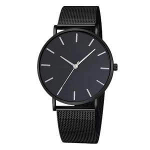 Minimalist all-black quartz watch featuring matte finish and Milanese mesh steel strap