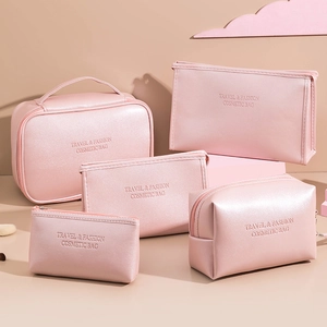 Cosmetic Bag PU Leather Waterproof Makeup Organizer Travel Toiletry Pouch Portable Zippered Textured Fashionable For Women
