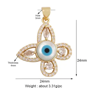 Detailed dimensions of the gold evil eye pendant with cubic zirconia and measurements