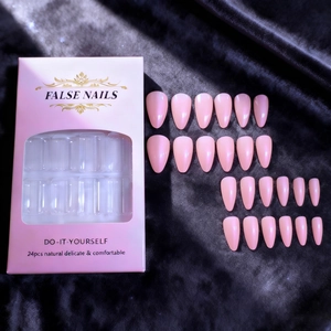 Elegant light pink almond false nails with pearlescent finish in 24pcs set packaging