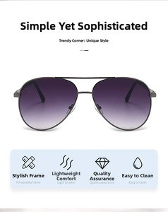 Detail of aviator sunglasses with slim metal frames and purple gradient lenses