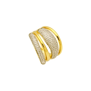 Detail of multi-layer copper ring with gold plating and paved white cubic zirconia