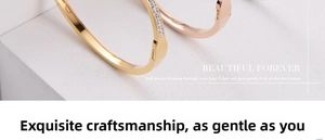 Close-up of titanium steel bangles with gold finish and pave-set white zircon stones