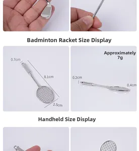Detailed view of mini badminton racket keychain with size 8.1cm and 2.5cm measurements