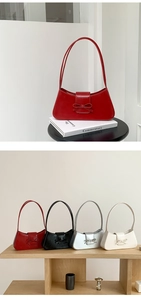 Detail of red bow baguette bag and four color options in silver, black, and white