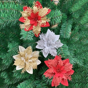 Three-layer glitter poinsettia artificial flowers in four colors for Christmas trees