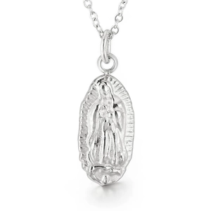 Vintage silver steel religious oval pendant necklace with Virgin Mary relief detail