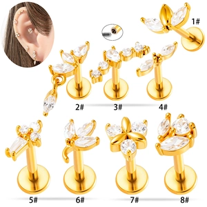 Set of gold stainless steel labret studs with marquise zircon stones and threaded flat backs