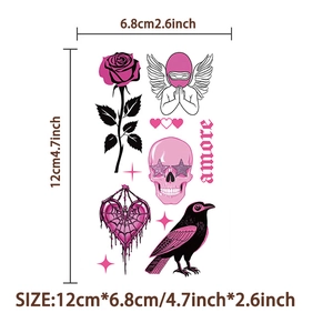 Detailed size specifications for American style rose and skull temporary tattoo sheet