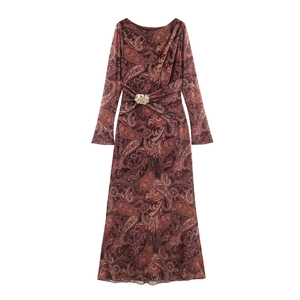 Robe Maxi En Maille À Imprimé Cachemire Manches Longues Col Rond Coupe Ajustée Sexy Femmes Élégante Avec Fleur En Métal Bodycon