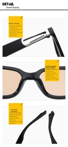 Detail of square sunglasses with reinforced hinges, nose pads and ergonomic temples